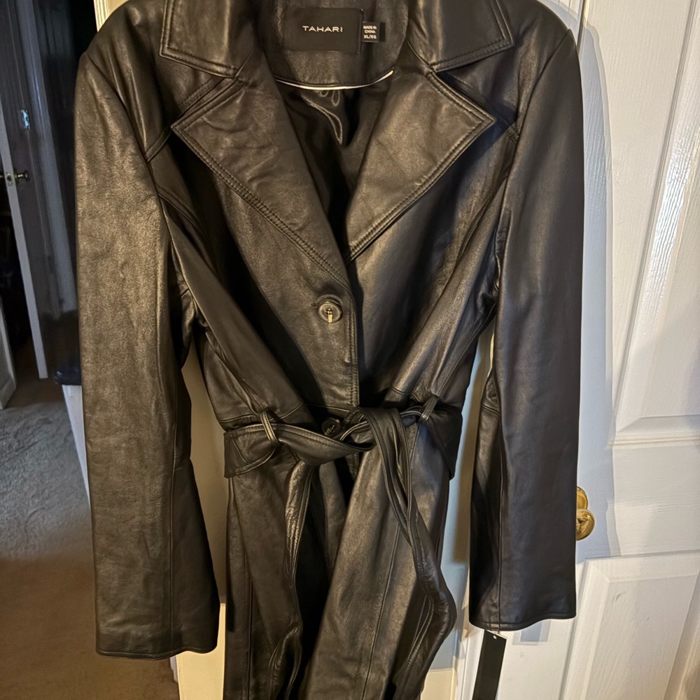 Tahari Black Leather Belted Jacket